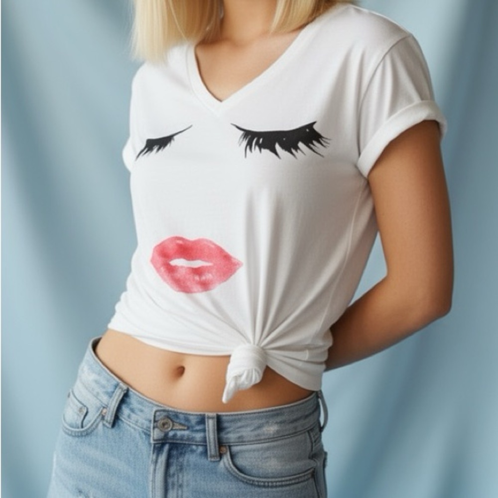 G Supply V-neck,‎ Hi-Low cotton tee with eyelashes and lips - S